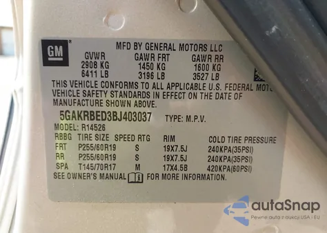2011 Buick Enclave 1Xl from USA, damaged, VIN 5GAKRBED3BJ403037